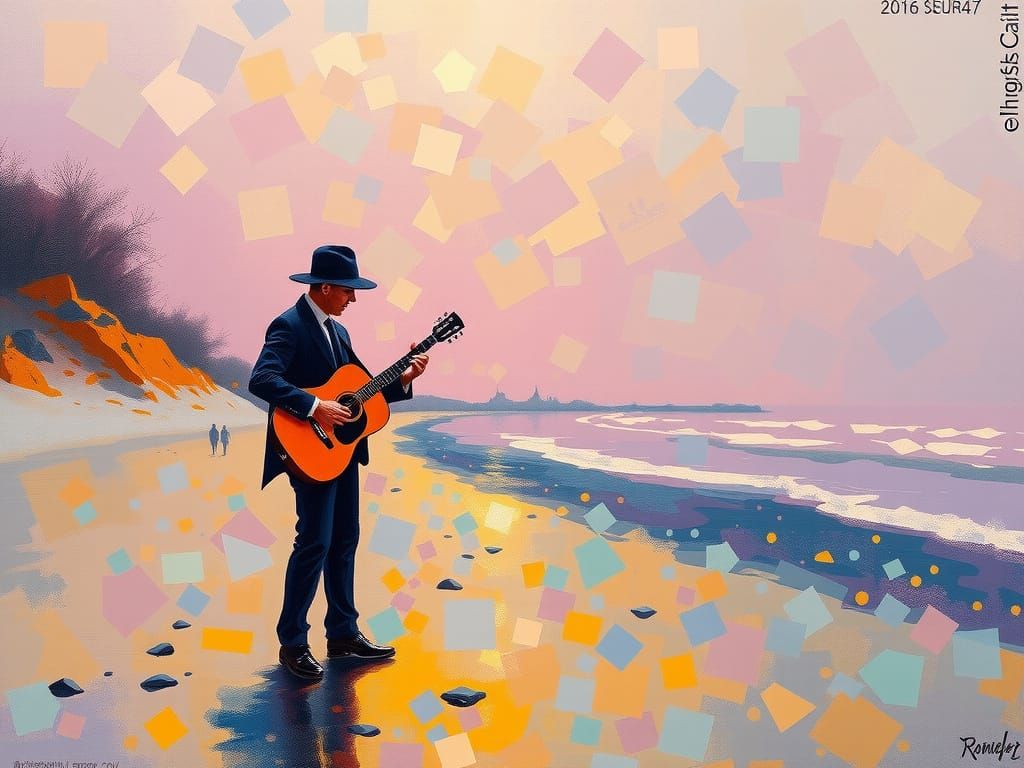 Futuristic Busker Shines on Foggy Beach in Metallic Pointill...