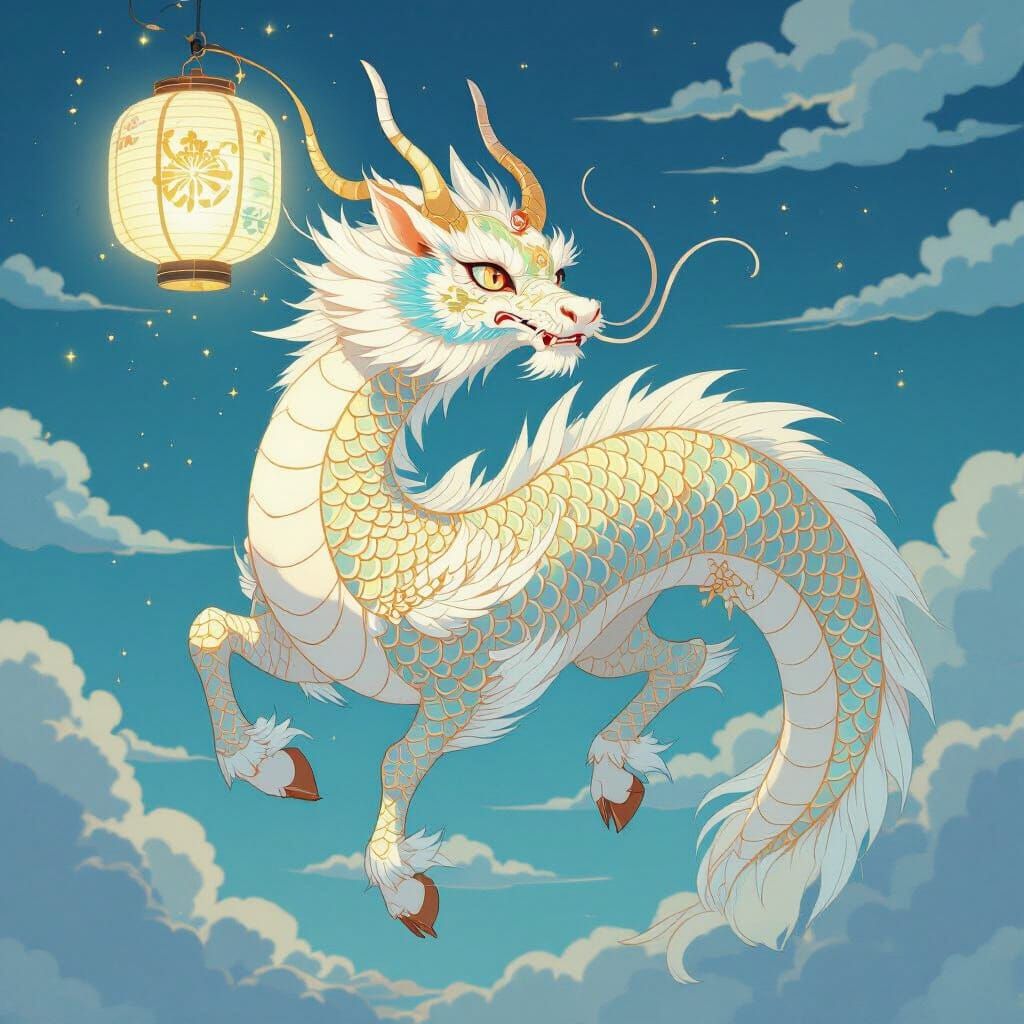 Kirin Soaring Through Twilight Sky in Ukiyo-e Style