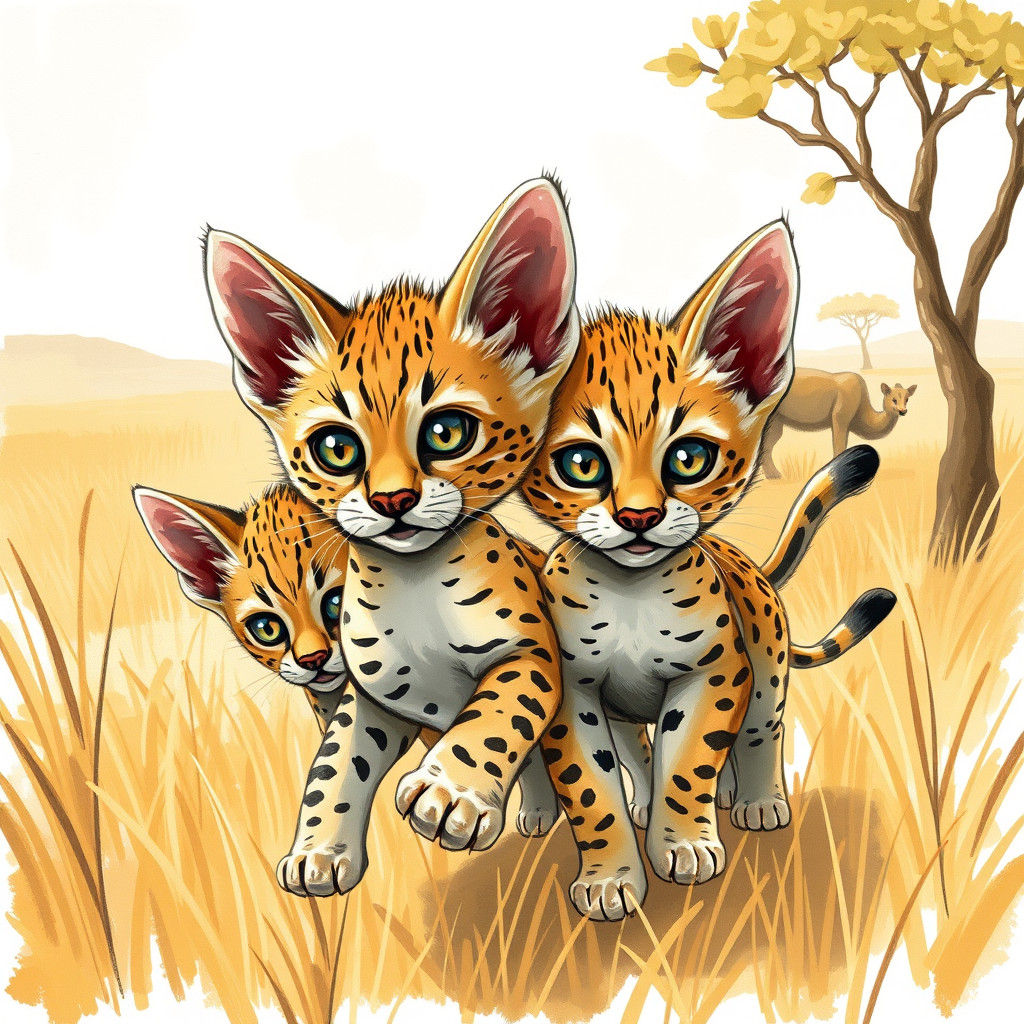 Savannah Kittens Frolicking, Whimsical Watercolor Style