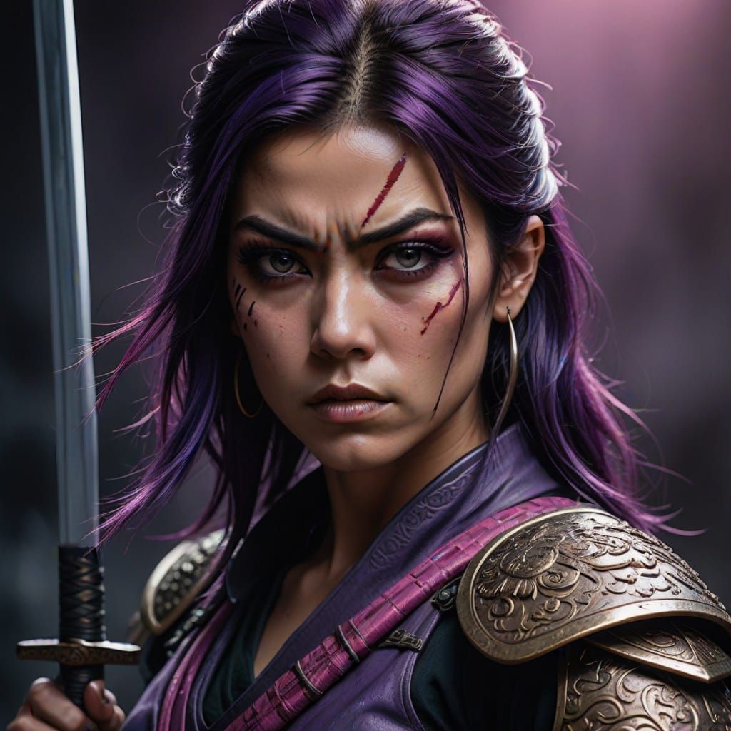 Fierce Warrior Woman with Katana, Hyperrealistic Digital Art