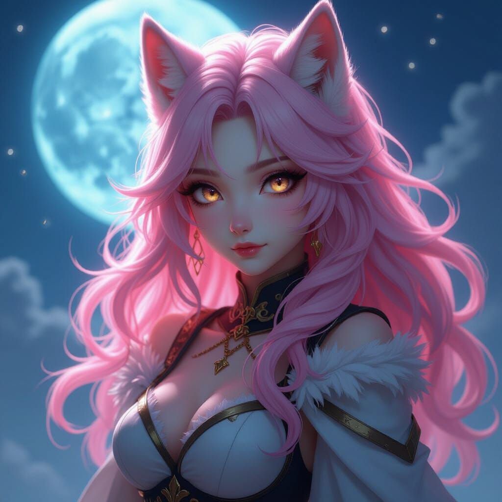 Wolf Girl With Elemental Powers Under Blue Moon