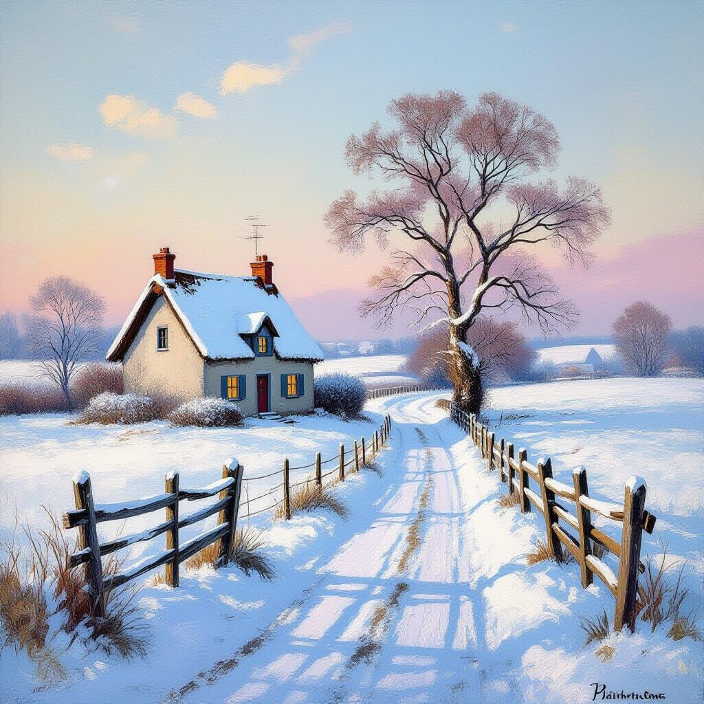 Cozy Winter Cottage Scene in Impressionistic Oil Painting St...