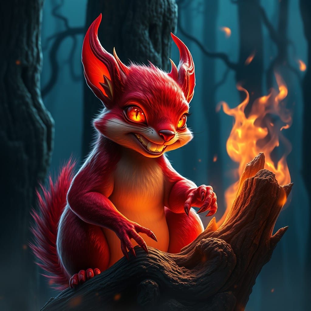 Malevolent Demon Squirrel Ignites Inferno in Dark Forest