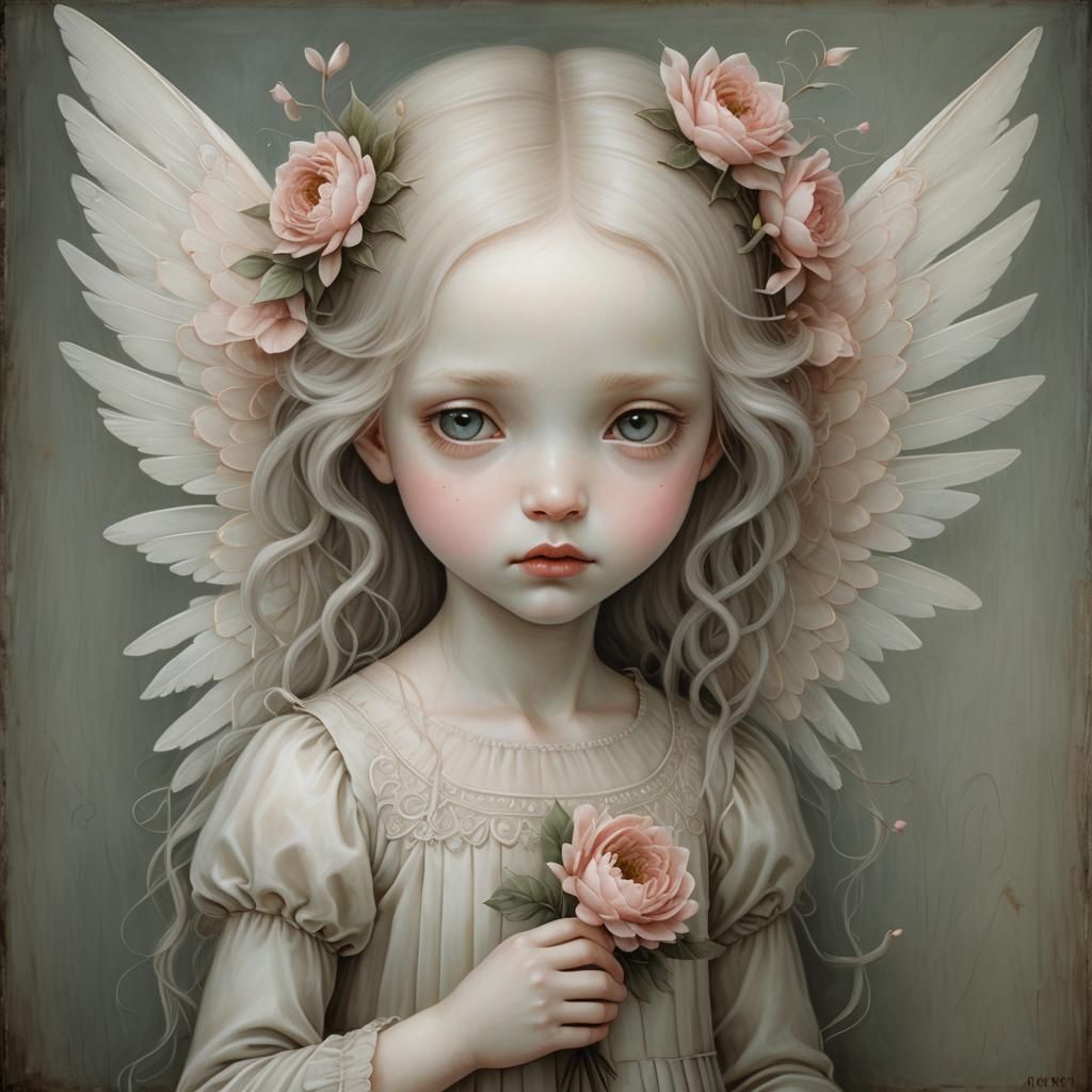 Ethereal Winged Girl: Surreal Oil Painting with Luminous Acc...