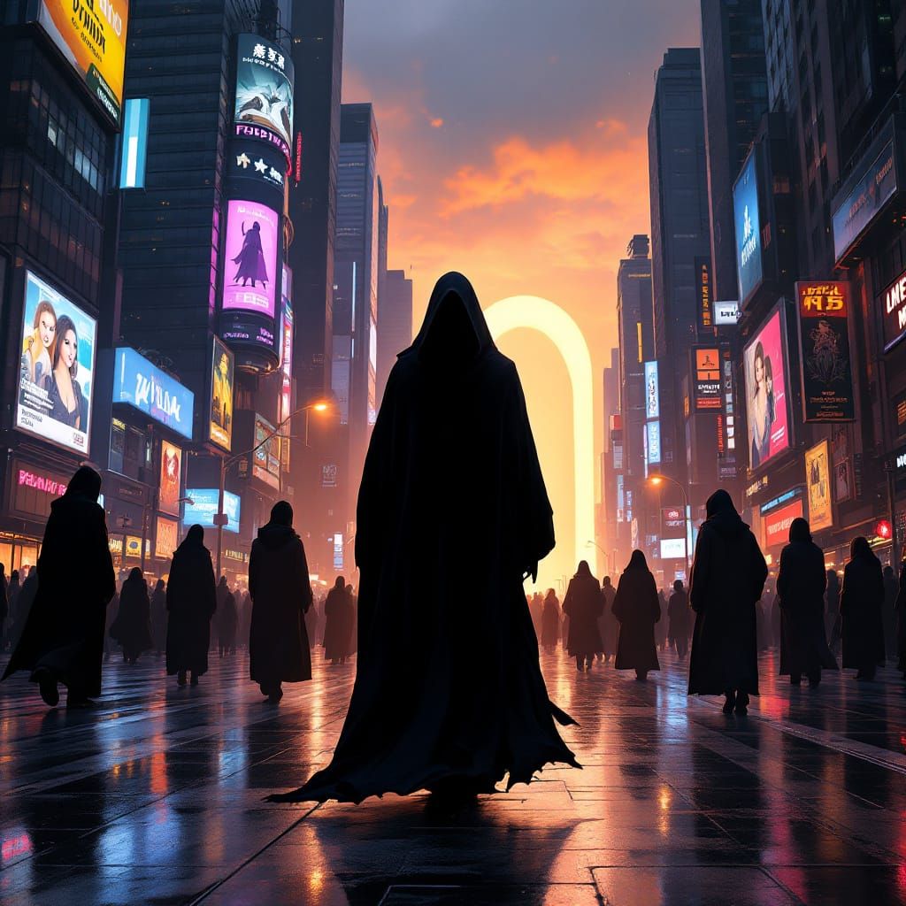 Grim Reaper Guiding Souls Through Metropolis at Dusk