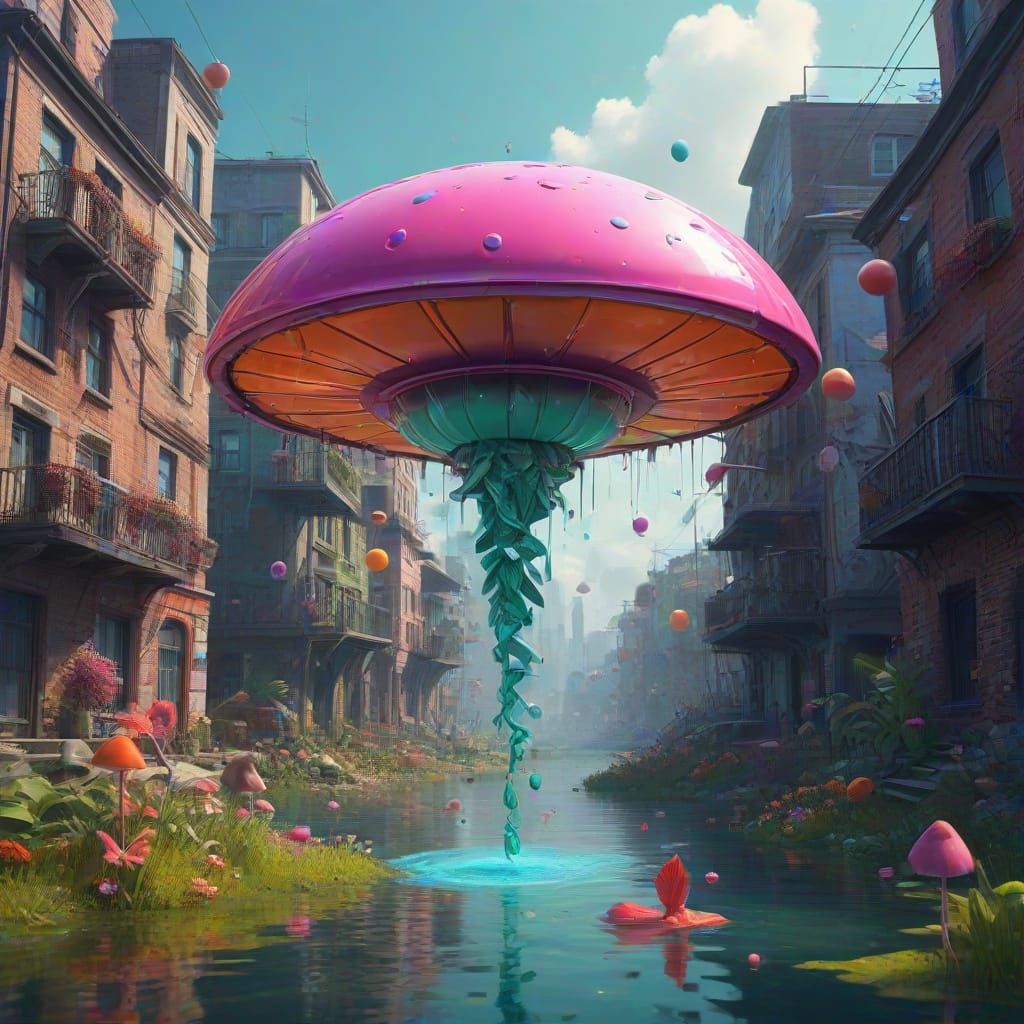 Surreal Floating Island with Flying Fish in Street Art Style