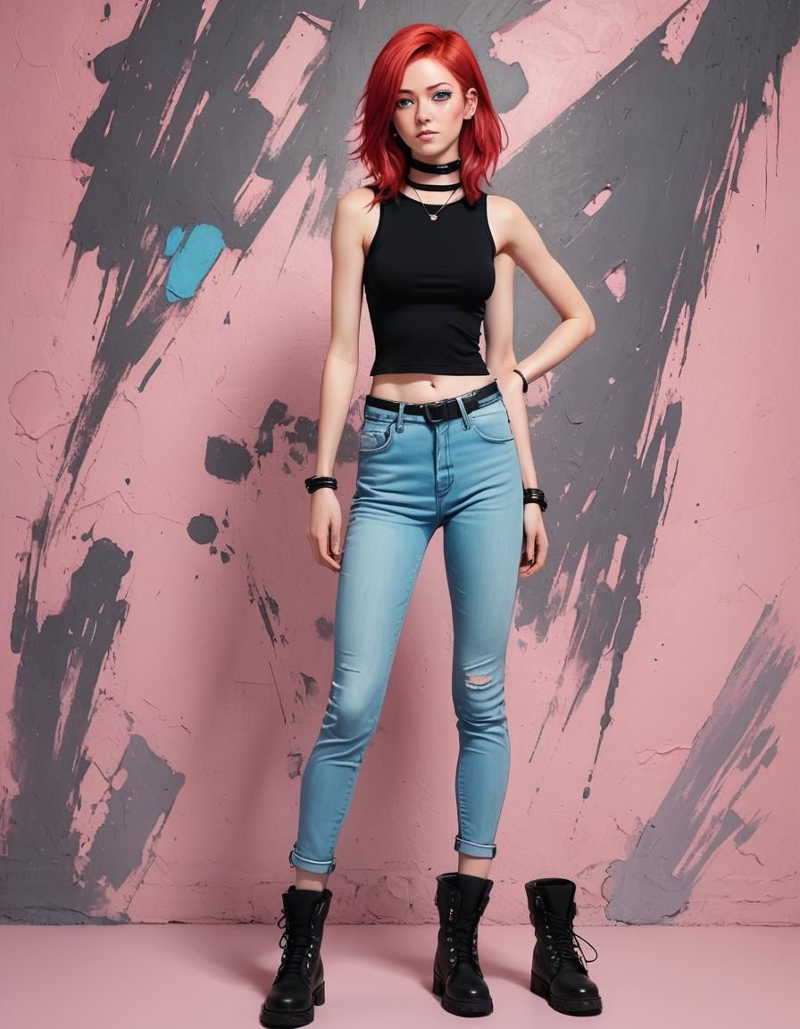 Anime Girl with Red Hair and Black Choker