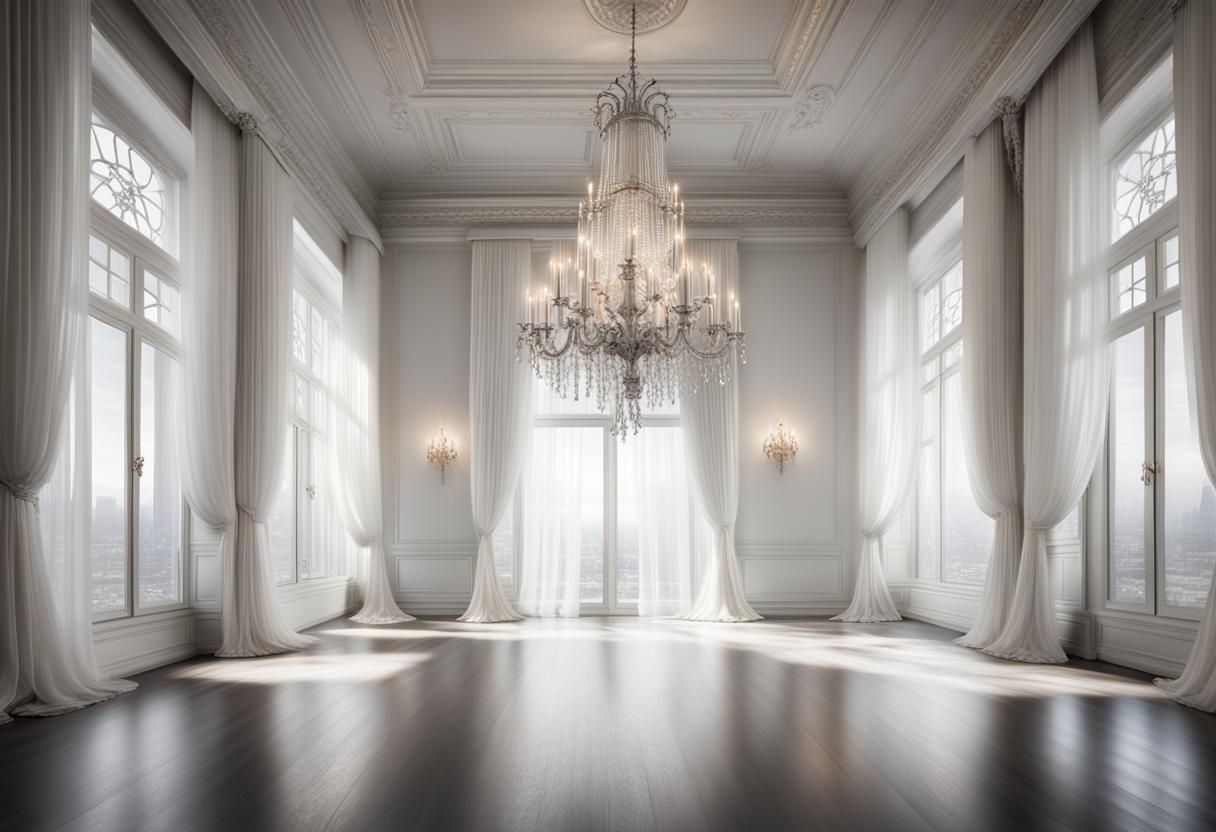 Hyperrealistic White Room with Crystal Chandelier