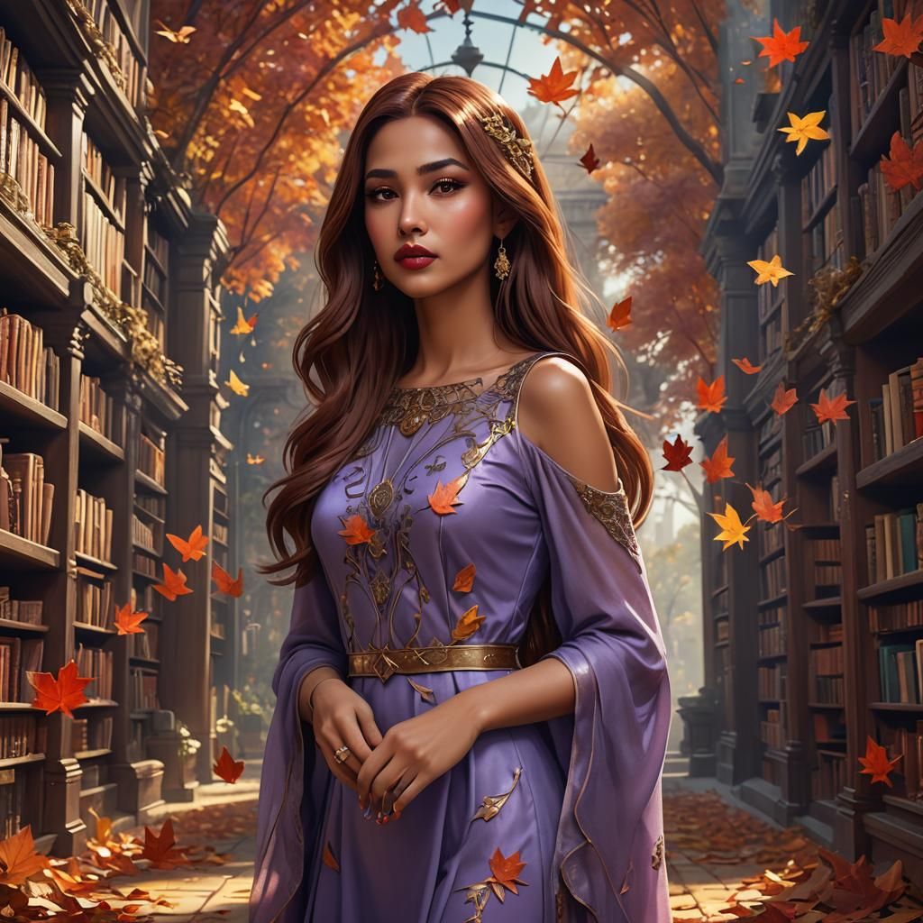 Auburn Haired Woman with Fairy Wings in Library