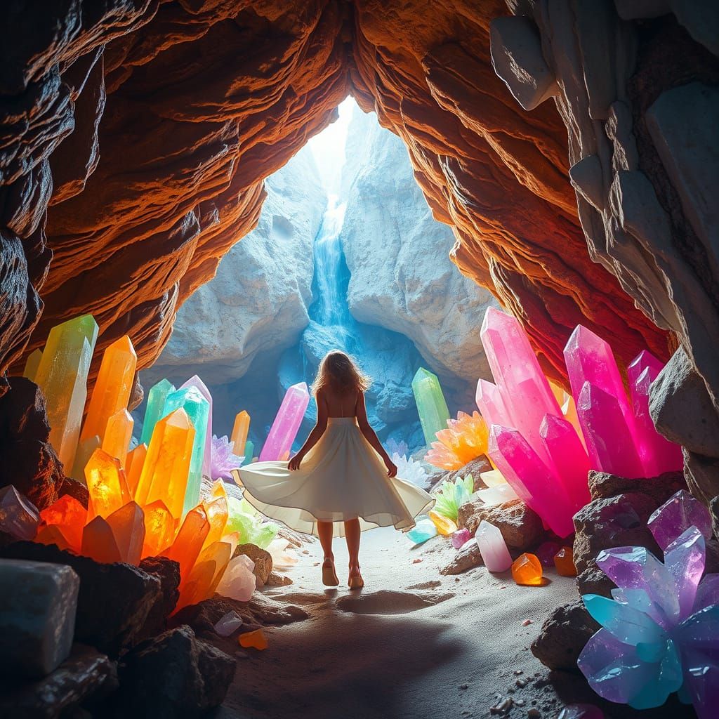 Girl Exploring Crystal Cave in Whimsical Style