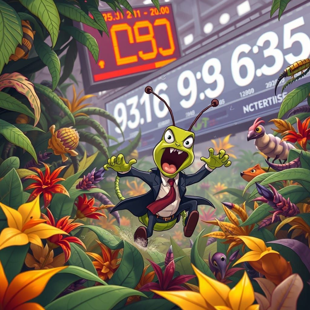 Caterpillar Businessman Navigating Jungle in Cartoon Style