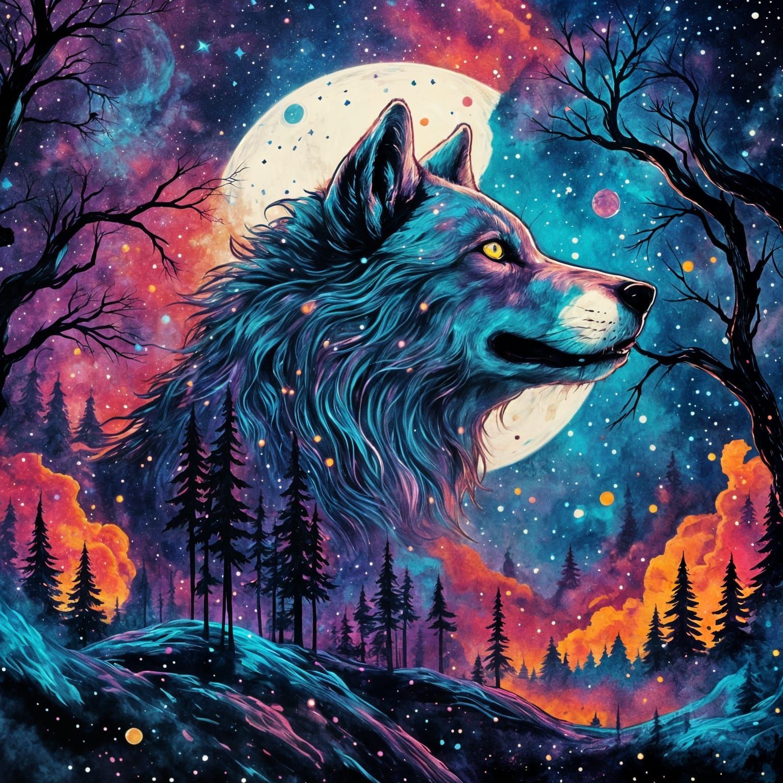 Cosmic Wolf Howling Silhouette in Graffiti Art