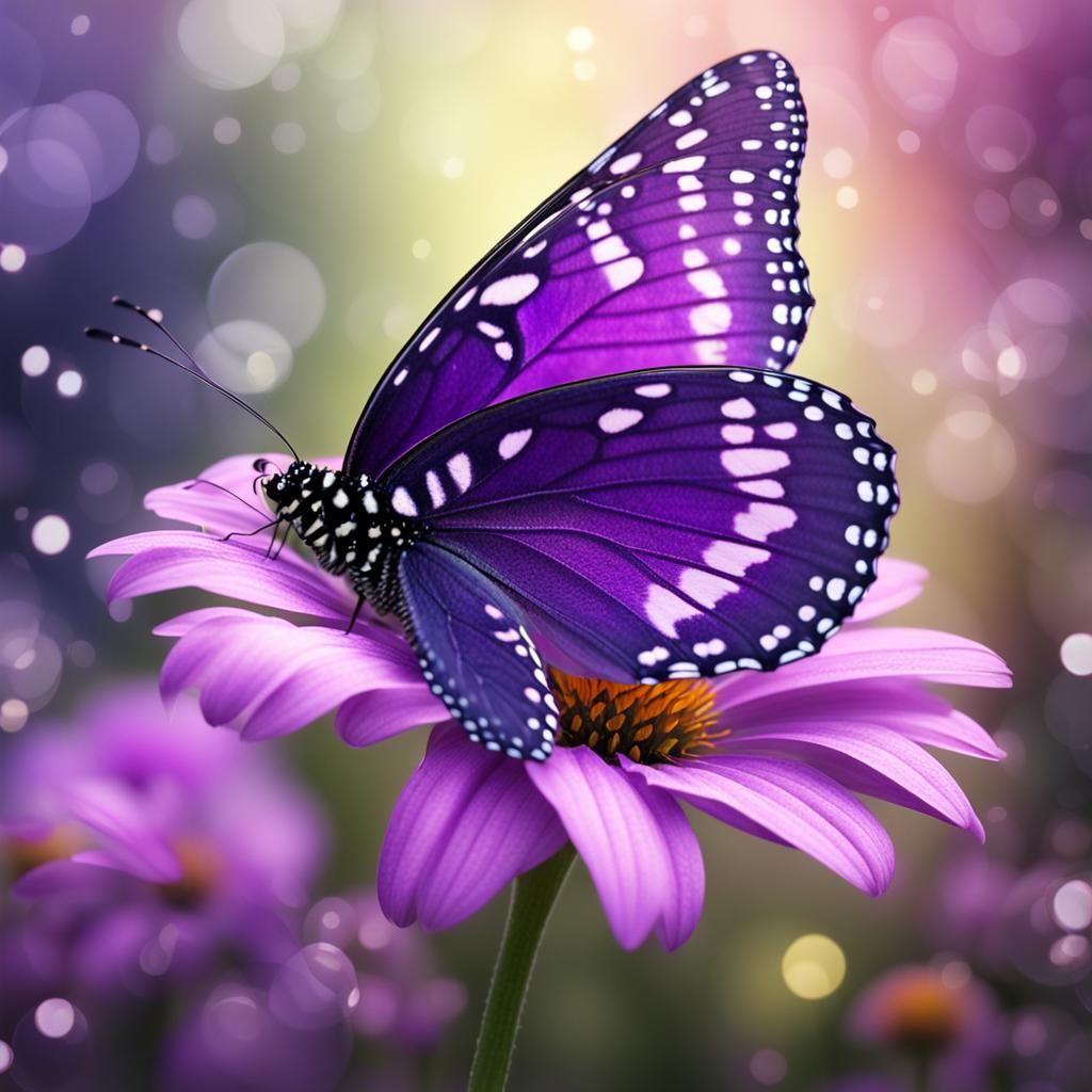 Hyperrealistic Purple Butterfly on Flower with Bokeh