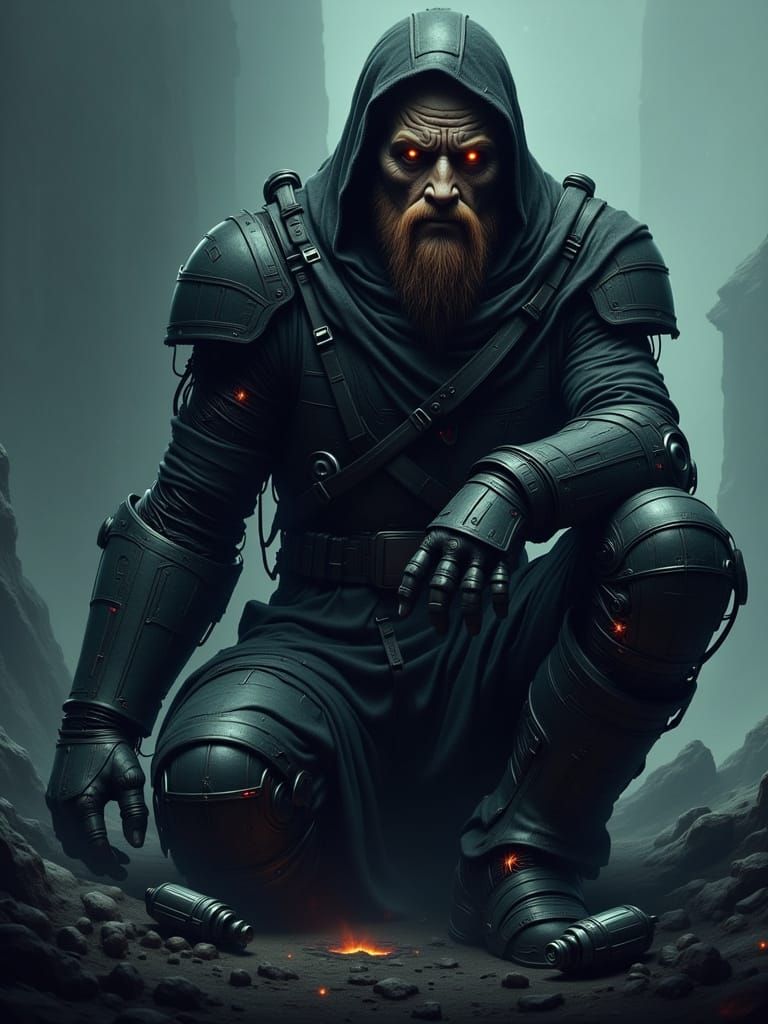 Cyber Mercenary in Dark Space, a Haunting Portrait