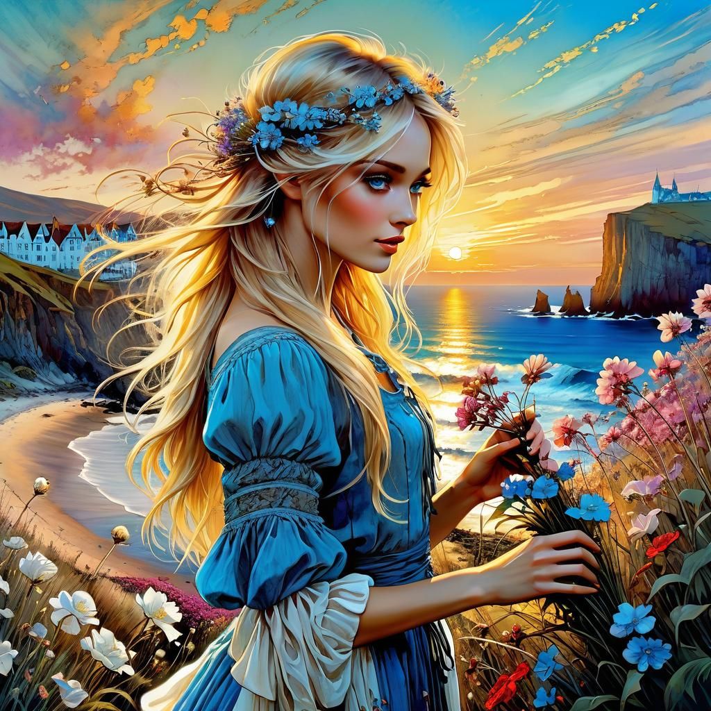 Fairytale Seaside: Woman Picking Flowers at Sunset
