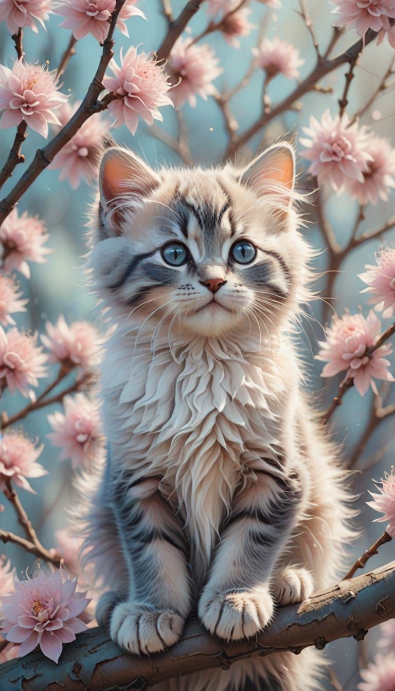 Whimsical Willow Branch with Delicate Kittens in Pastel Hues