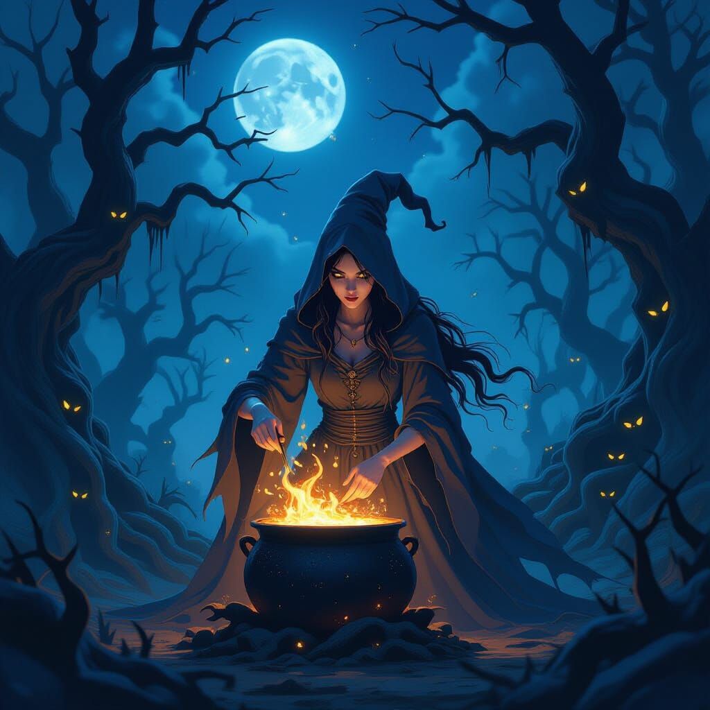 Spectral Witch in Haunted Forest Under Full Moon