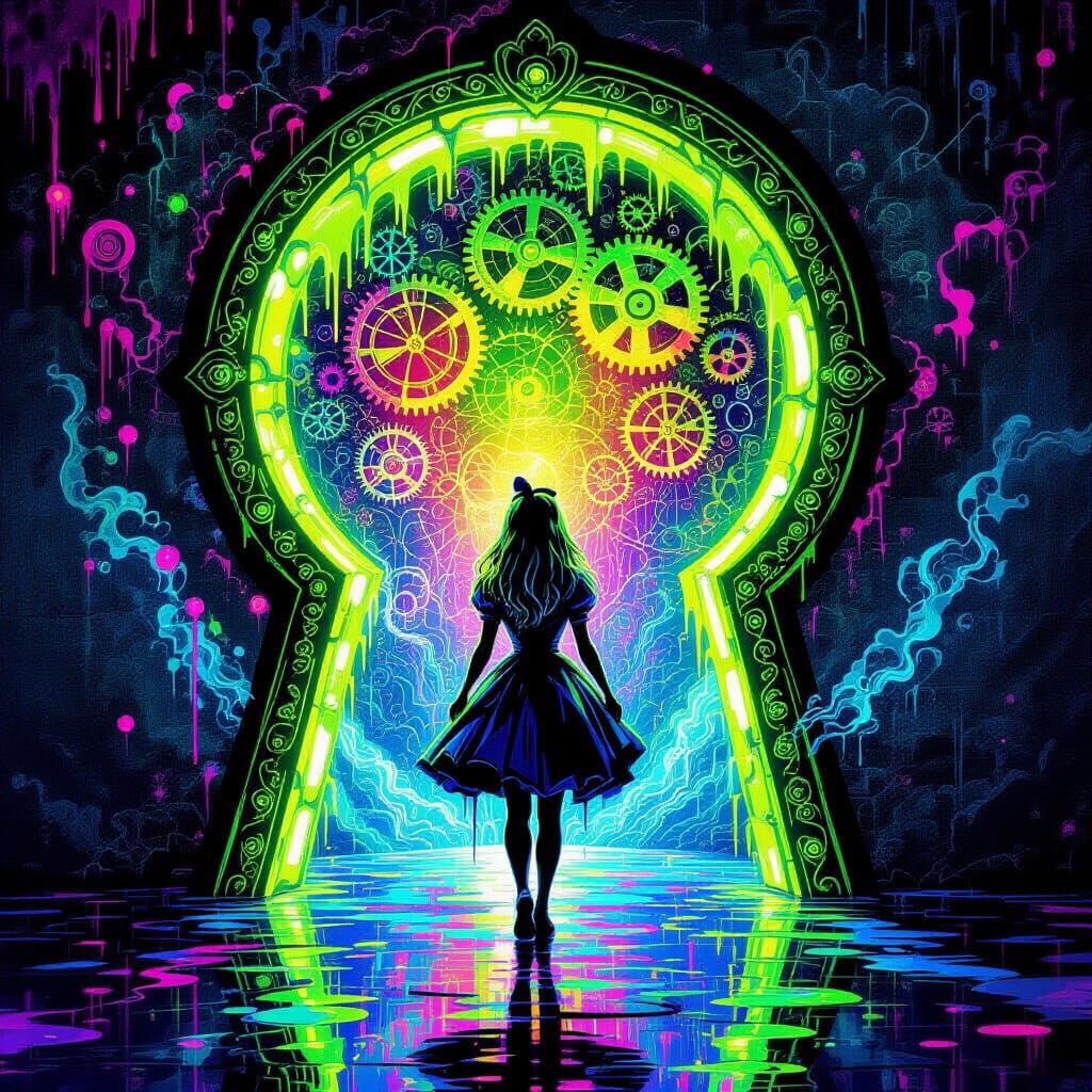 Psychedelic Alice in Wonderland Through Neon Keyhole
