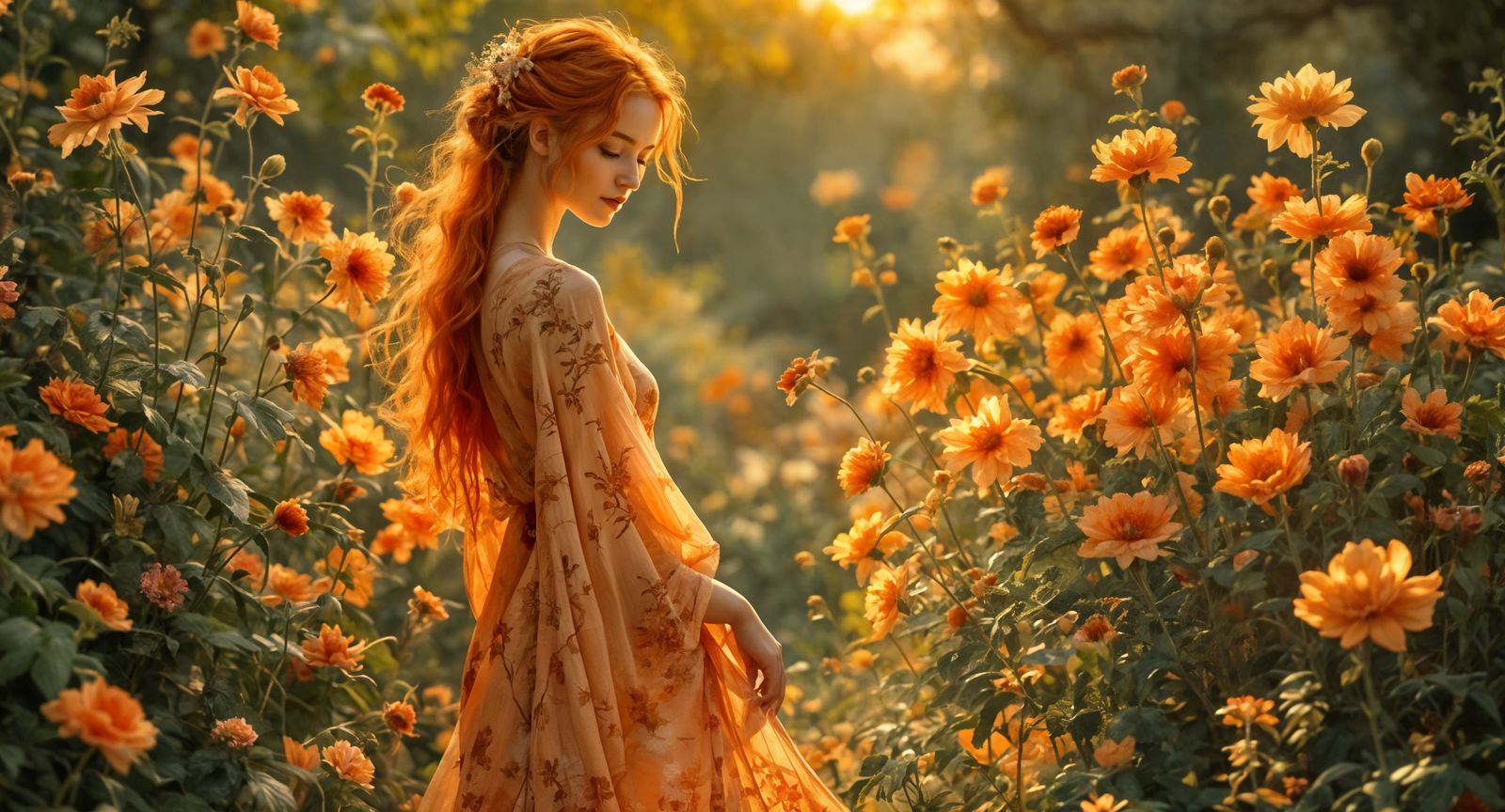 Woman in Peach Robe in Orange Garden