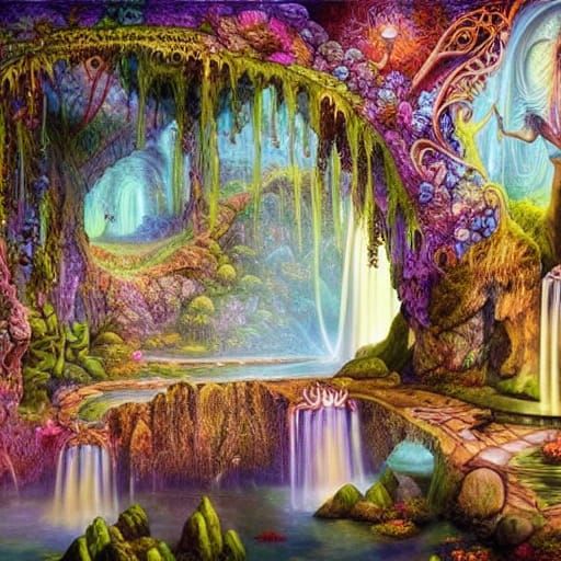 Magical Underground Elven Cities with Waterfalls