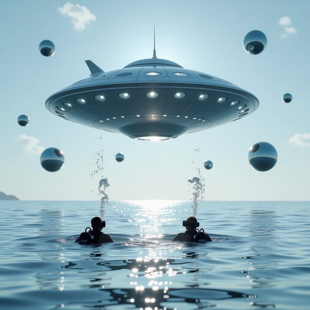 Flying Saucer Over Beach in Black and White Style