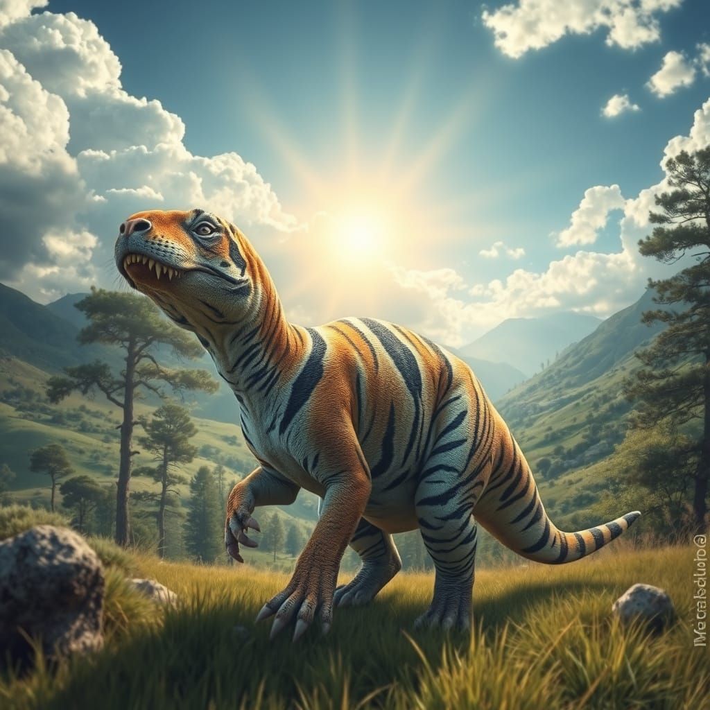 Fantasy Dinosaur Tiger in Ancient Landscape