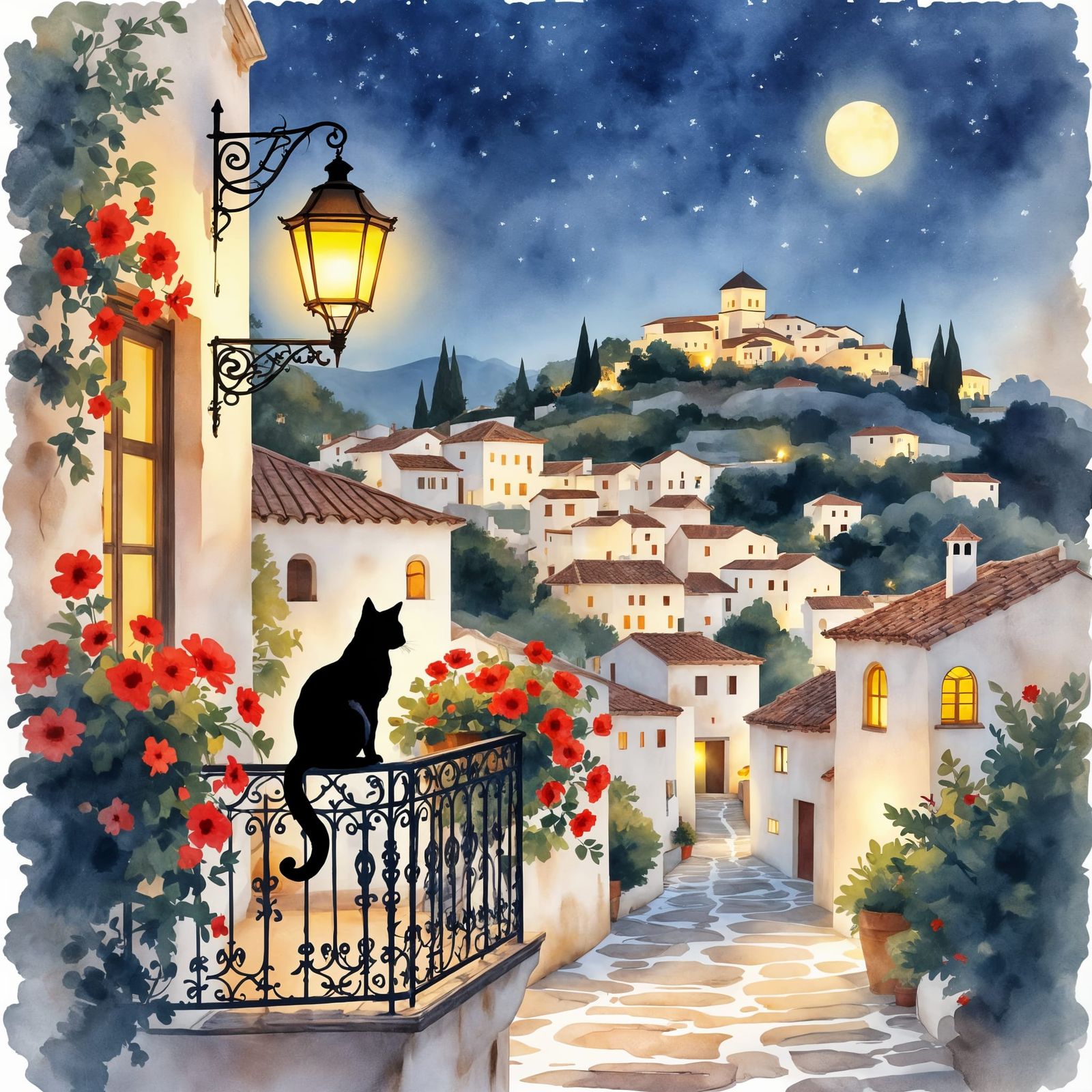 Dreamy Mediterranean Village in Watercolor with Black Cat