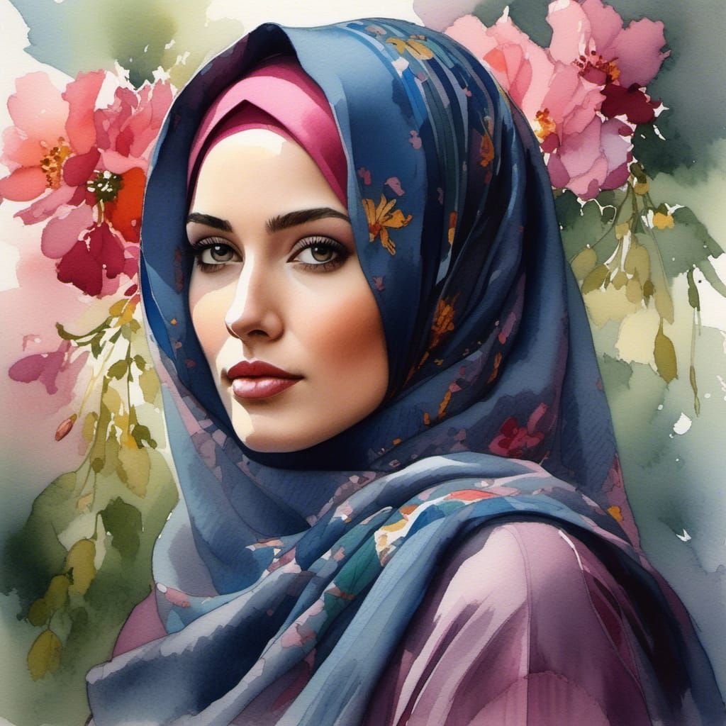 Hijabi Woman in Botanic Garden: Watercolor Portrait