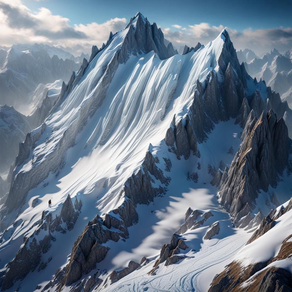 Snow Avalanche on Mountain Peak in Detailed Painting