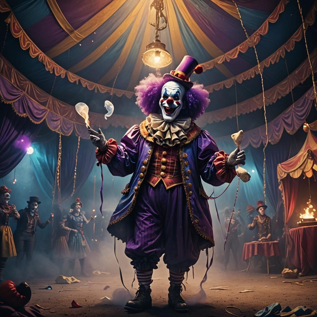 Clown with Glowing Condom in Circus Tent