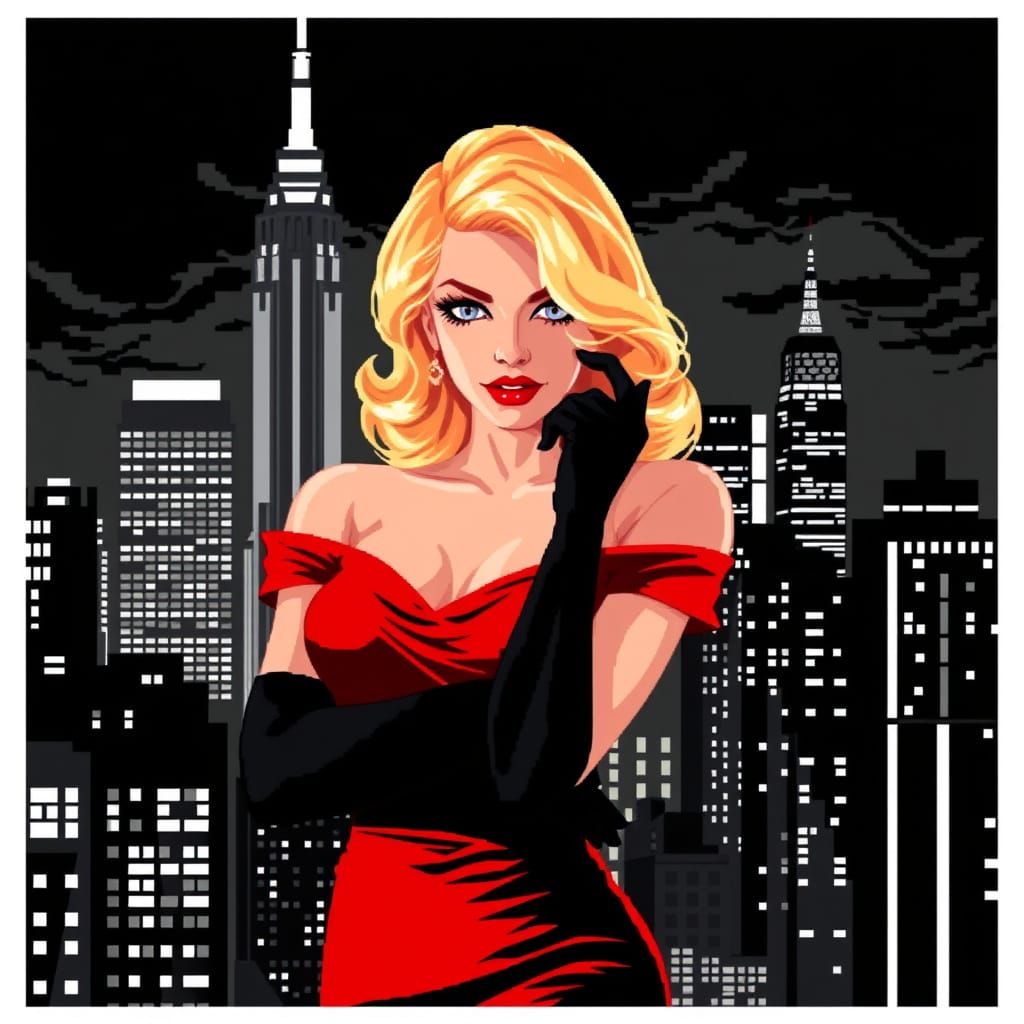 Femme Fatale in Red Dress: 8-bit Pixel Art