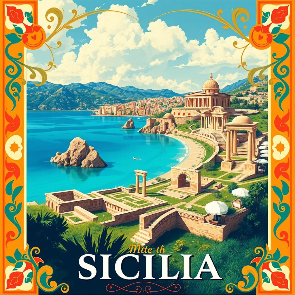 Vintage Travel Poster of Sicilian Landscape