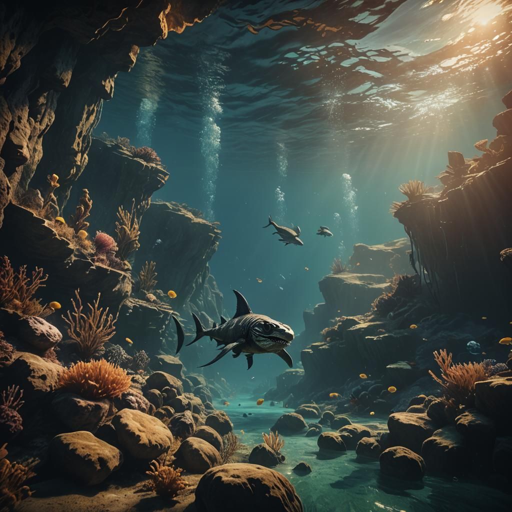 Underwater Cliffs at Sunset in Cinematic Style