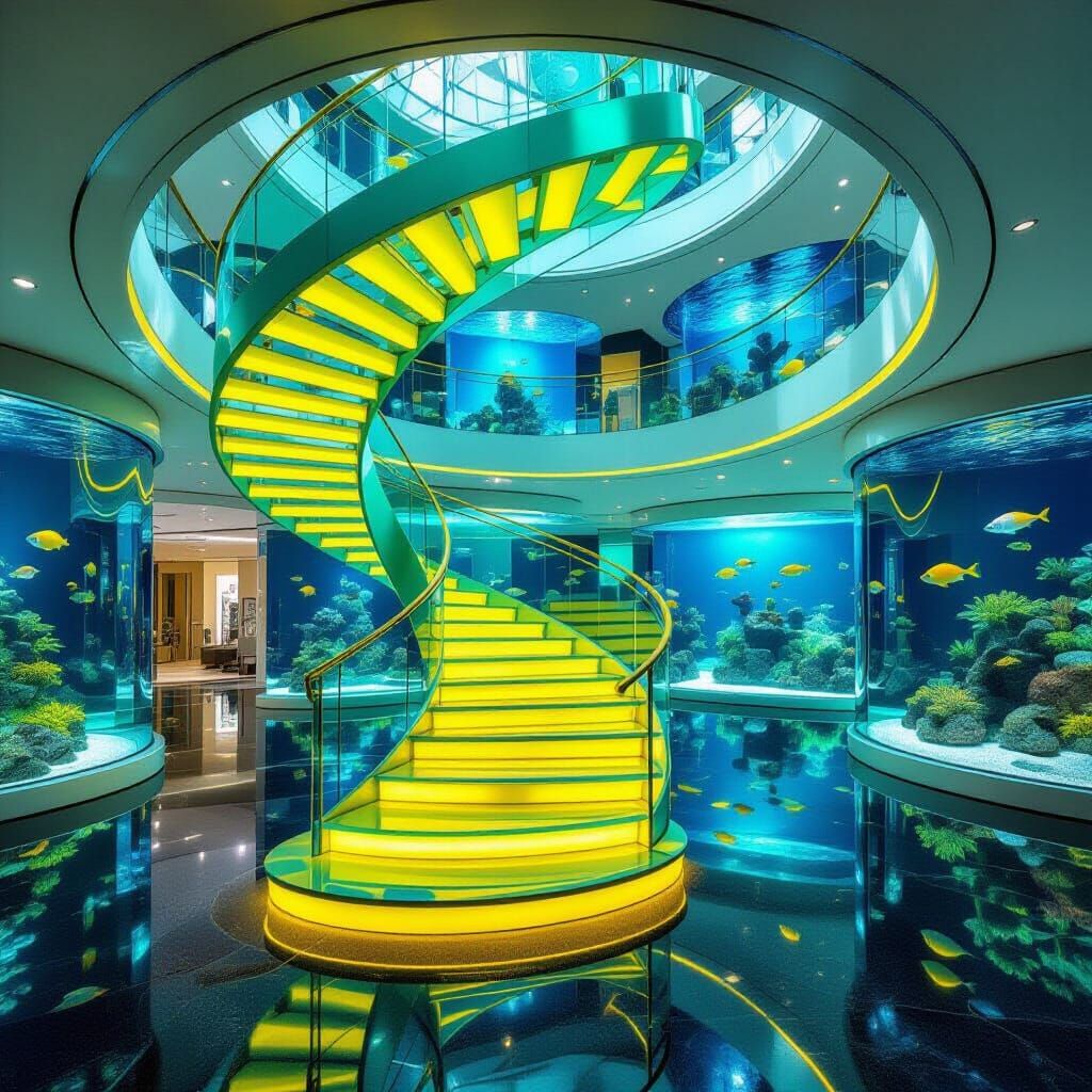 Aqua Glass Spiral Staircase in Frutiger Aero Style