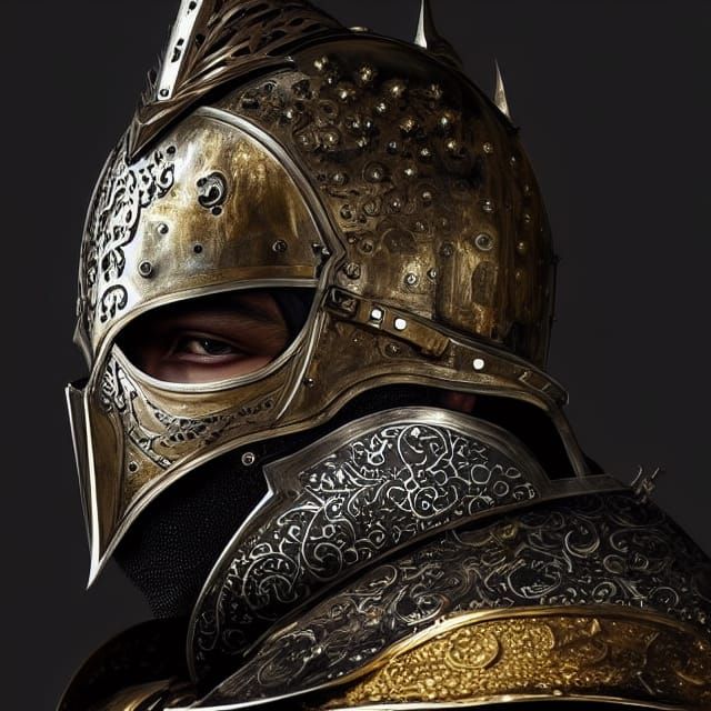 Ornate Medieval Knight Portrait in Black and Gold Armor