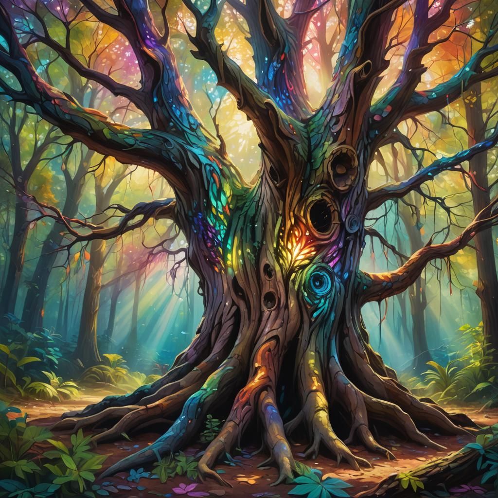 Rainbow Tree in Mystical Forest: Oil Painting