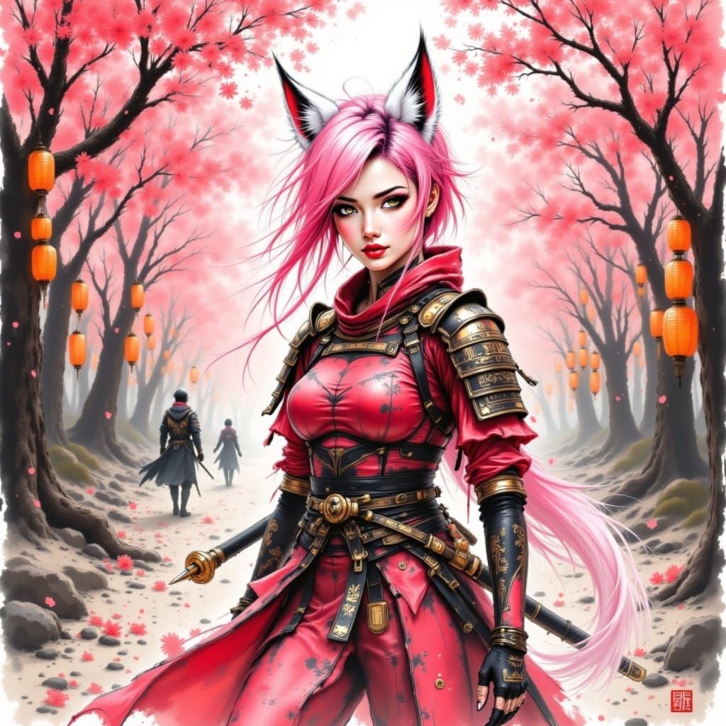 Kunoichi in Cherry Blossoms, Manga Style Watercolor