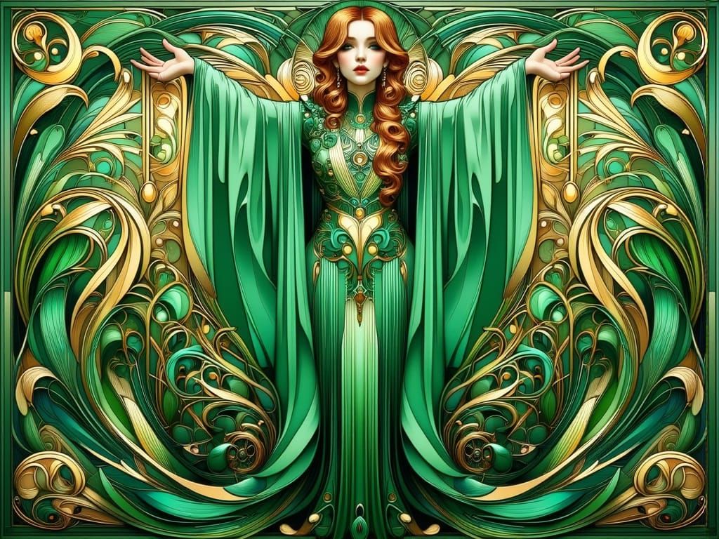 Art Nouveau Goddess in Green Hues