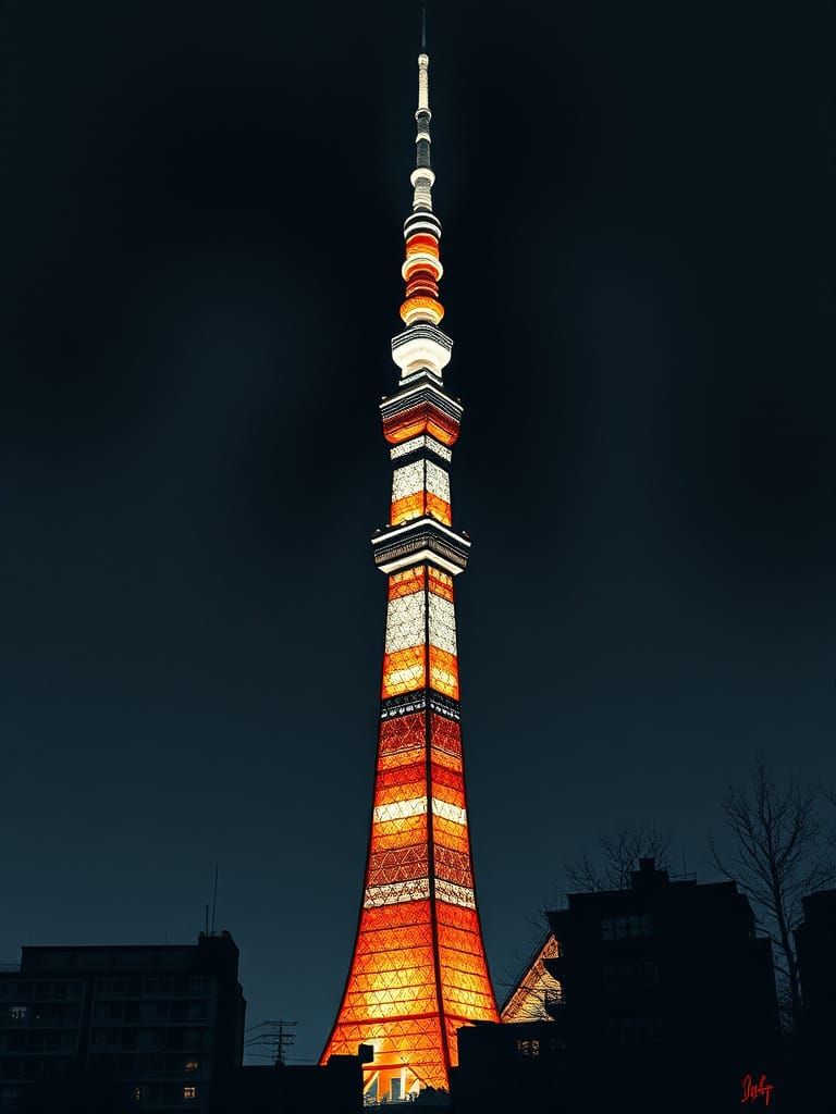 Tokyo Skytree Illuminated in Elegant Sumi-e Style