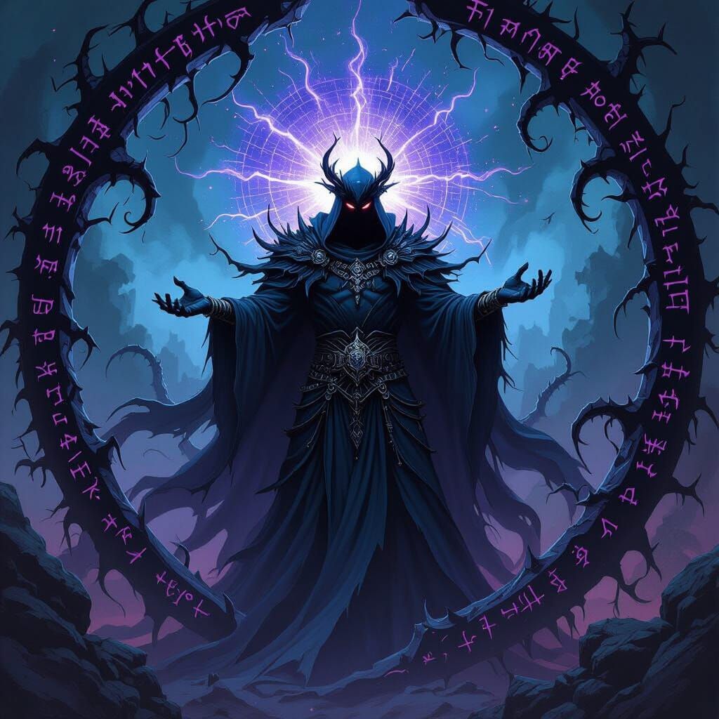 Malevolent Mana Barrier Surrounds Dark Lord, Ink-Wash Style