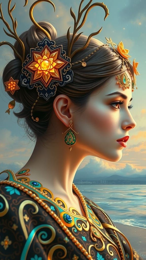 Woman in Minakari Style Clothing with Swirling Patterns