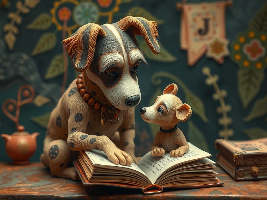 Dog Reads to Puppy: Whimsical 3D Folk Art