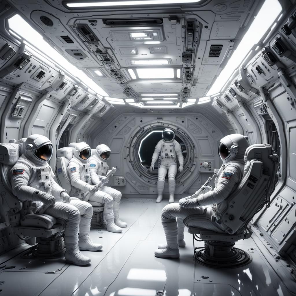 Astronauts in Spaceship White Room: Detailed 8K Art