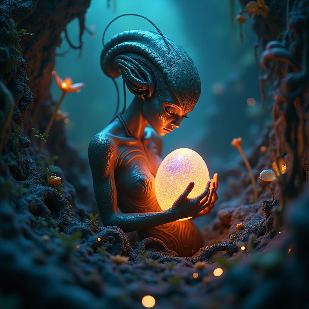 Ethereal Alien Mother in Bioluminescent Nursery