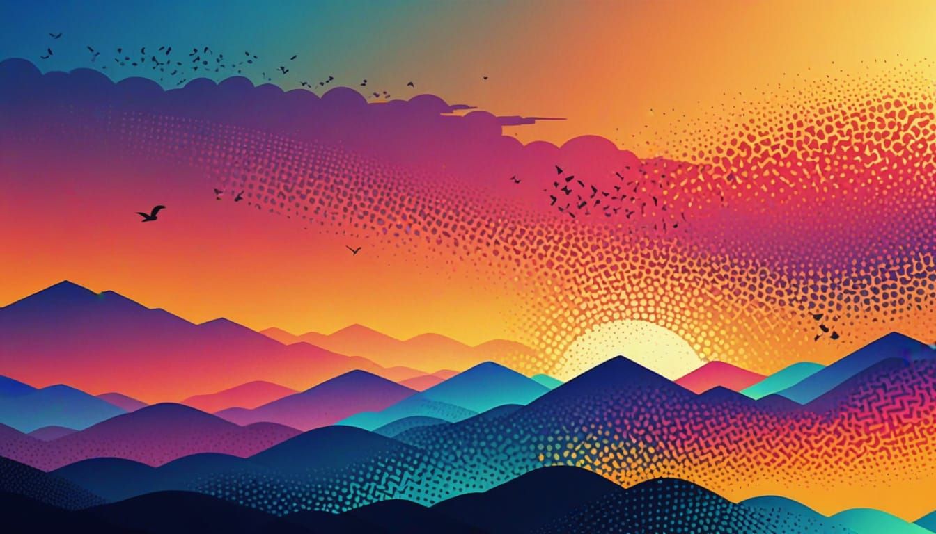 Halftone Sunset Landscape in Abstract Expressionism