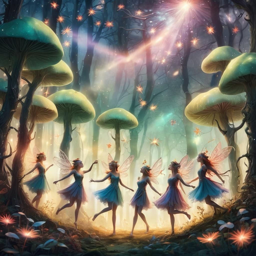 Elves Dancing in Moonlit Forest: Fantasy Art