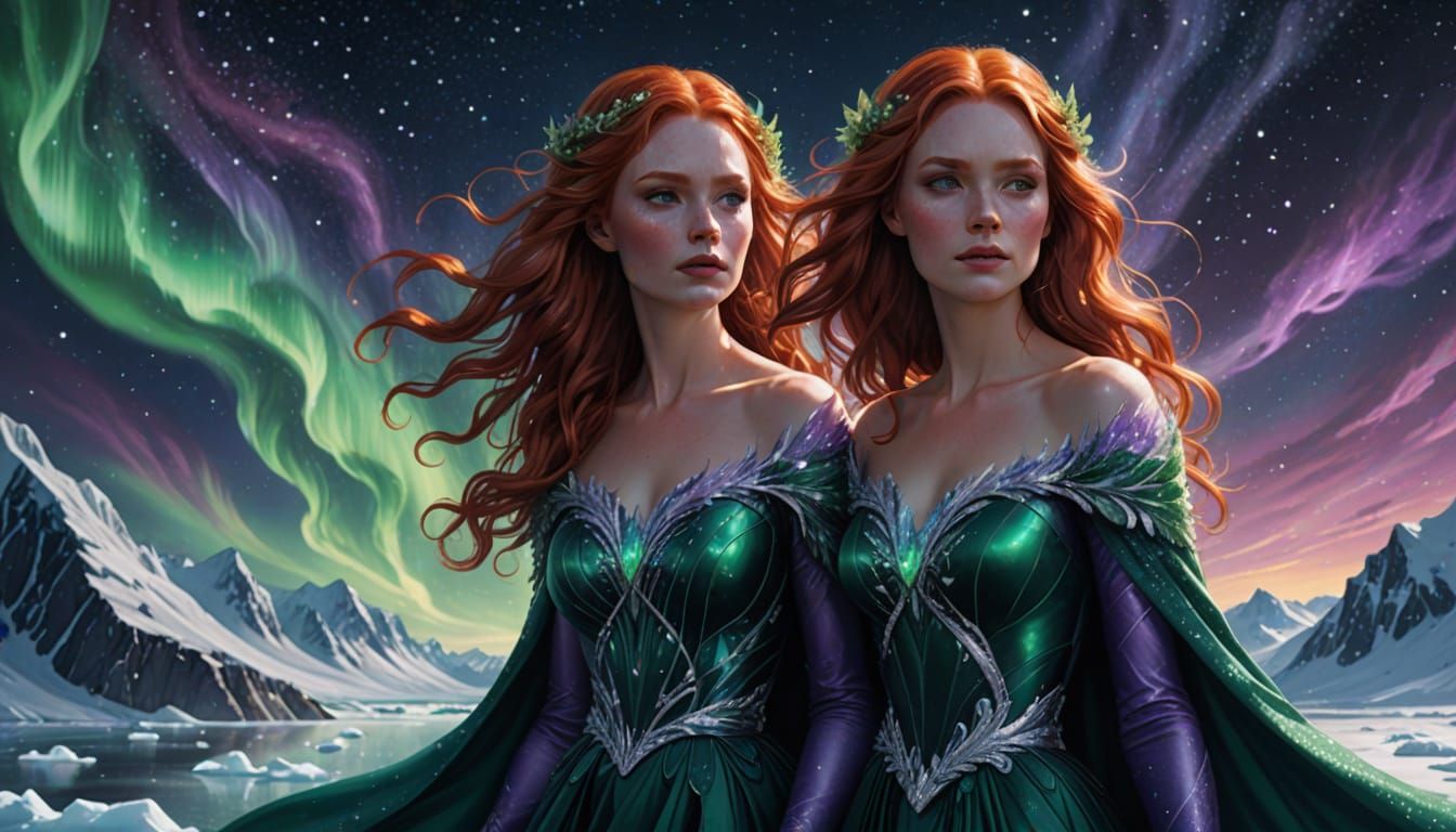 Redhead Goddess of Aurora Borealis in Digital Art Style