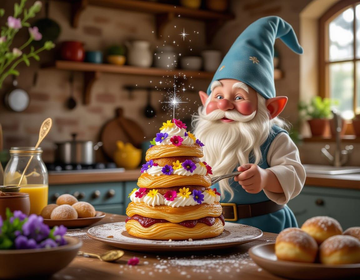 Gnome Chef Creates Decadent Dessert, Professional Photograph...