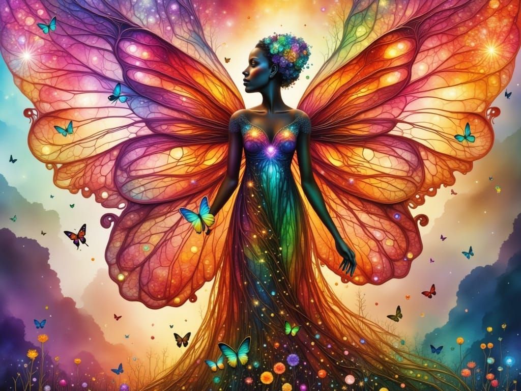 Fairy and Cat in Mystical Landscape with Double Exposure