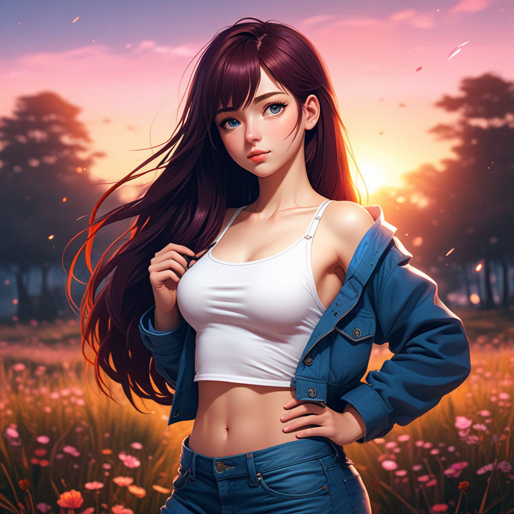 Surreal Anime Goddess Poses in Dreamy Pastel Meadow